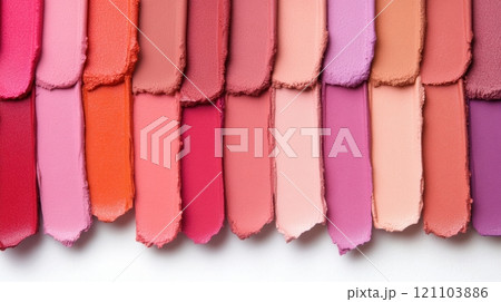 Lipstick swatches in various shades of pink, red, and orange arranged in rows, AI 121103886