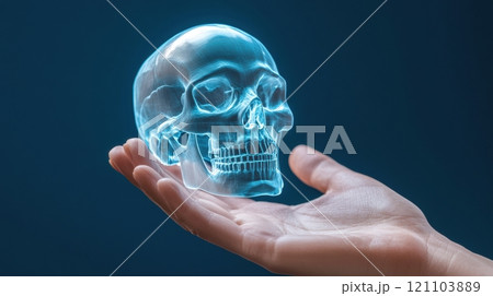 Hand holding a glowing digital skull hologram against a dark blue background, AI 121103889