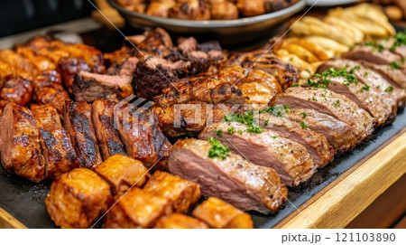 Grilled meats and sausages displayed on a wooden board, showcasing a variety of textures and flavors, perfect for a barbecue or culinary presentation, AI 121103890