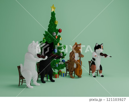 クリスマスツリーと猫たちの弦楽四重奏のイラスト素材 [121103927] - PIXTA