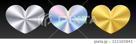Heart stickers. Holographic, silver and golden heart labels with metallic effect. 121103943