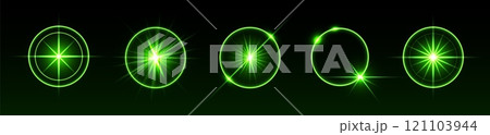 Green light flares, glowing shiny sparks, lens flare effects, bright glimmering glares. 121103944