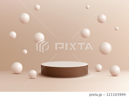 Minimalist 3D Cylindrical Podium with White and Brown Design and Floating Spheres, Product Display Mockup for Showroom Showcase 121103994