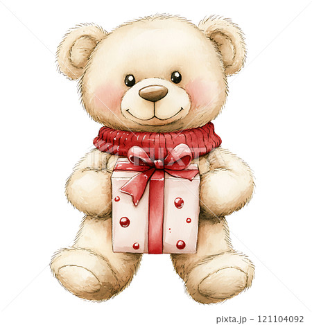 Cute teddy bear holding gift box with red bow 121104092