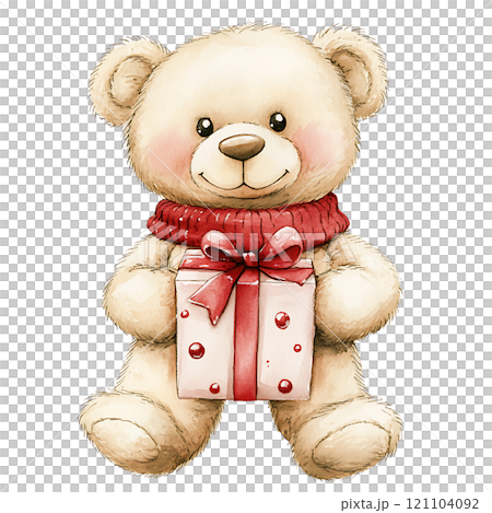 Cute teddy bear holding gift box with red bow 121104092
