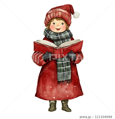 Cheerful child reading book in winter attire and hat 121104098