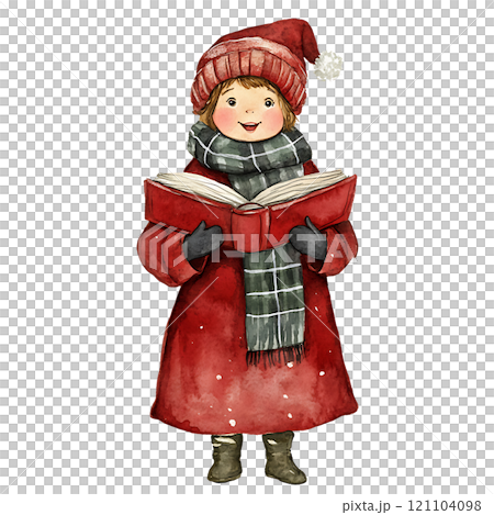 Cheerful child reading book in winter attire and hat 121104098
