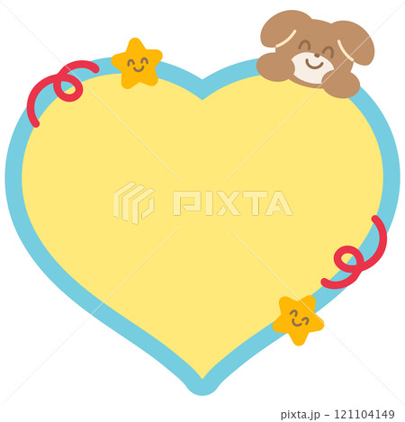 Cute illustration of puppy, stars and yellow heart shaped blank space for insert text, message, name tag, text bubble, sticker, animal, pet shop, memo note, sticky note, notepads, paper, Valentine's	 121104149