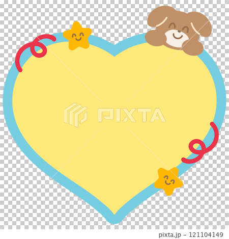 Cute illustration of puppy, stars and yellow heart shaped blank space for insert text, message, name tag, text bubble, sticker, animal, pet shop, memo note, sticky note, notepads, paper, Valentine's	 121104149
