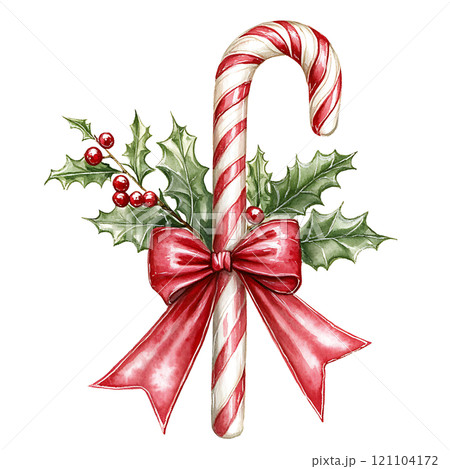 Candy cane with holly and bow, perfect for festive decor 121104172
