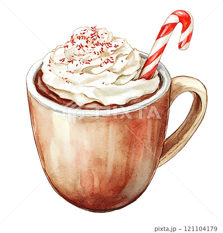 Warm cocoa with whipped cream and candy cane Warm cocoa with whipped cream and candy cane 121104179