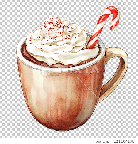 Warm cocoa with whipped cream and candy cane Warm cocoa with whipped cream and candy cane 121104179