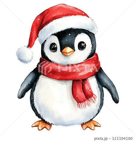Cute penguin wearing Santa hat and red scarf for Christmas 121104180