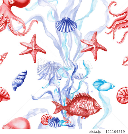 Seamless pattern with fish, octopus and shells. Watercolor illustration on white background for packaging design, fabric printing, sea-themed holiday decoration. Seamless pattern with fish, octopus and shells. Watercolor illustration on white background for packaging design, fabric printing, sea-themed holiday decoration. 121104219