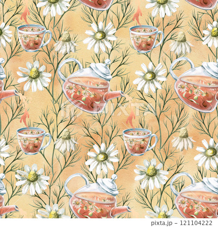 Seamless pattern with tea set. Watercolor illustration on beige background of tea ceremony for cafe design, kitchenware, printing on packaging and fabric 121104222