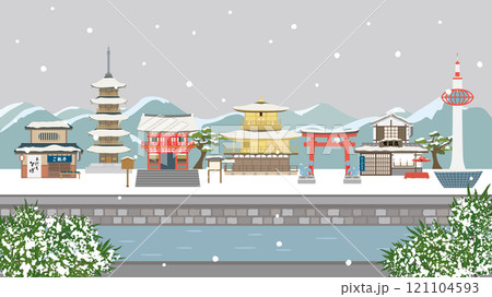雪の積もる冬の京都の観光名所（フルHD 16:9サイズ） 121104593