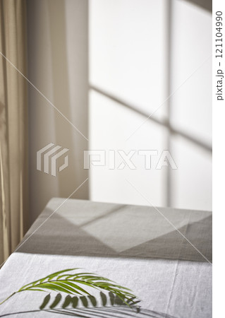 Warm sunlight streaming in through the window, beige background, flowers, vases, and a table with plants. Harmony of light and shadow. 121104990