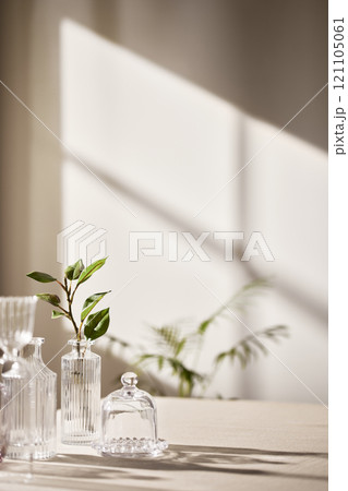 Warm sunlight streaming in through the window, beige background, flowers, vases, and a table with plants. Harmony of light and shadow. Warm sunlight streaming in through the window, beige background, flowers, vases, and a table with plants. Harmony of light and shadow. 121105061