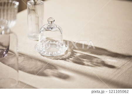 Warm sunlight streaming in through the window, beige background, flowers, vases, and a table with plants. Harmony of light and shadow. Warm sunlight streaming in through the window, beige background, flowers, vases, and a table with plants. Harmony of light and shadow. 121105062