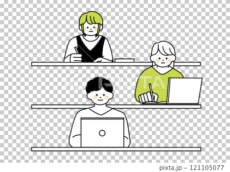 Illustration of college students taking classes at university Illustration of college students taking classes at university 121105077