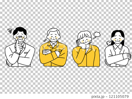 困ったことが起きた中年男子と女性のイラストセット 121105079