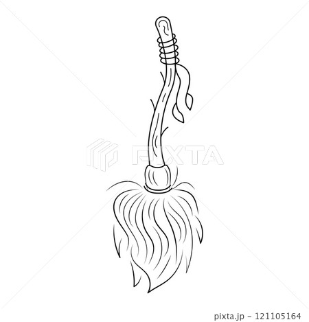 Magical broom with leaves, twigs, branch, wooden handle. Black line Doodle Isolated Vector illustration theme magic, Halloween, esoteric. Magical broom with leaves, twigs, branch, wooden handle. Black line Doodle Isolated Vector illustration theme magic, Halloween, esoteric. 121105164