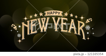 Happy New Year lettering font on blurred lights black backgrounds creative concept for banner, poster, cover calendar, annual book, social media headers, catalogue booklet, design element template hny 121105354