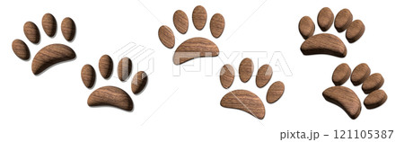 立体的な茶色い木目柄の動物の足跡の素材セット 121105387