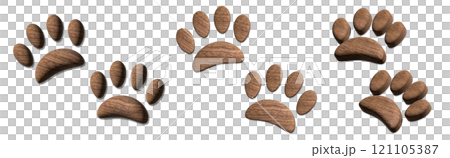 立体的な茶色い木目柄の動物の足跡の素材セット 121105387