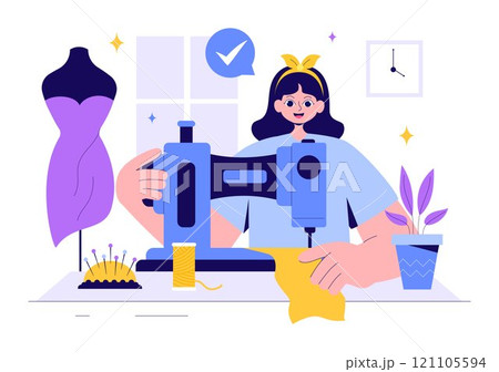 Seamstress Vector Illustration Featuring a Fashion Designer Sewing Dresses and Creating Outfits in a Tailor Shop with a Flat Style Background 121105594