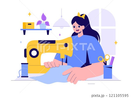 Seamstress Vector Illustration Featuring a Fashion Designer Sewing Dresses and Creating Outfits in a Tailor Shop with a Flat Style Background 121105595