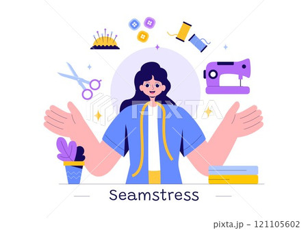 Seamstress Vector Illustration Featuring a Fashion Designer Sewing Dresses and Creating Outfits in a Tailor Shop with a Flat Style Background Seamstress Vector Illustration Featuring a Fashion Designer Sewing Dresses and Creating Outfits in a Tailor Shop with a Flat Style Background 121105602
