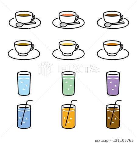 カフェで提供されるホット、アイス等の色々な飲み物のイラストセット 121105763