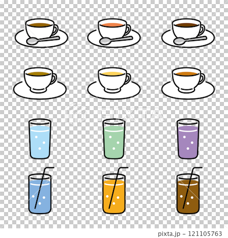 カフェで提供されるホット、アイス等の色々な飲み物のイラストセット 121105763