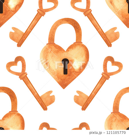 Seamless pattern with golden heart-shaped locks and keys. Watercolor illustration for textiles and wedding wrapping paper 121105770