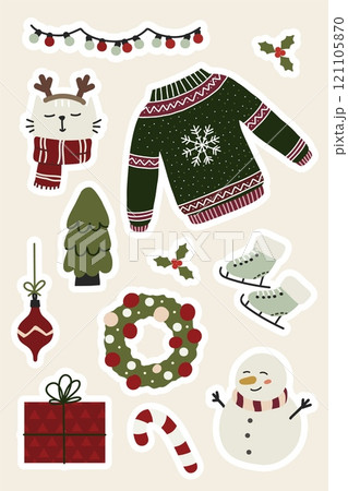 Cozy Christmas Stickers Set with Cute Holiday Elements for Scrapbooking, Greeting Cards, and Decor. Vector illustration 121105870