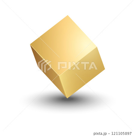 3d gold metallic cube. Realistic vector geometric shape. Golden glossy box with shadow 121105897