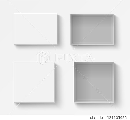 White boxes mockup. Open and close realistic gift boxes set, top view, 3d vector paper container 121105923