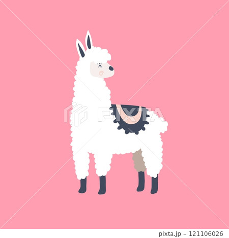 Cute cartoon llama. Funny fluffy alpaca character. Cute childish decorative vector animal 121106026