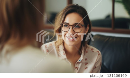 Visit to a psychologist. Woman sits on a couch and talks to a psychotherapist. 121106169