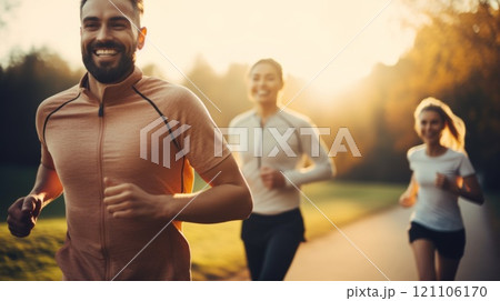 Running people. Happy Healthy group middle aged. Friends running together. Early morning workout. 121106170