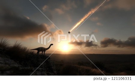 Cosmic collision: the fall of an asteroid with its fragments, depicting the destruction and chaos unleashed upon dinosaurs, symbolizing the end of an era through powerful imagery of nature's force. 121106331