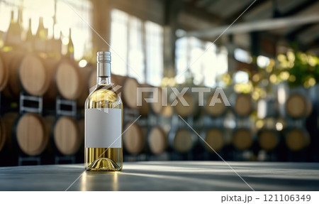 Sophisticated setting: empty label wine bottle against barrels in grand room with arched ceilings, minimalist design that highlights beauty of simplicity and allure of fine beverages. 121106349
