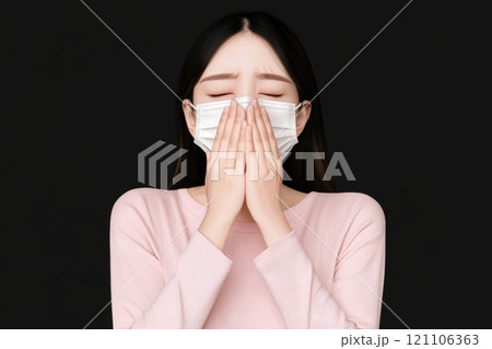 Cold symptoms display: sick individual, tissue use, virus prevention, protective mask, sneezing action, illness indication, respiratory care, germ spread, personal hygiene focus, seasonal ailment. Cold symptoms display: sick individual, tissue use, virus prevention, protective mask, sneezing action, illness indication, respiratory care, germ spread, personal hygiene focus, seasonal ailment. 121106363