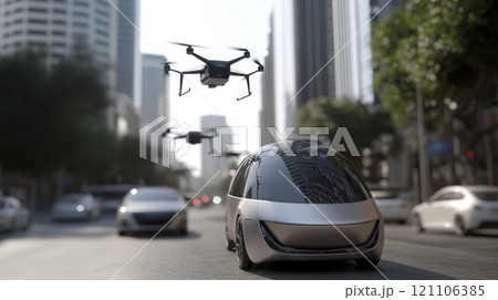 Futuristic transit center: A high-tech hub showcasing autonomous cars and drones in a sleek, modern cityscape with tall skyscrapers and advanced transportation systems. 121106385
