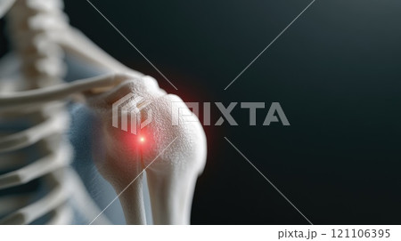 Joint distress: visual representation of shoulder pain, red glowing area to indicate location of discomfort, emphasizing the impact of injuries or conditions on physical well-being and functionality. 121106395
