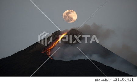 Volcanic Eruption: Dramatic display of lava flowing from active volcano, intense natural forces, fiery landscape of volcanic activity, illustrating the raw power of Earth's geology. Volcanic Eruption: Dramatic display of lava flowing from active volcano, intense natural forces, fiery landscape of volcanic activity, illustrating the raw power of Earth's geology. 121106411