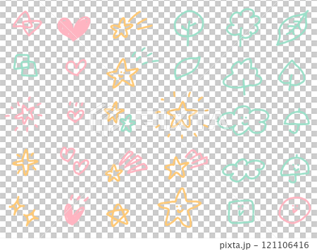 A cute icon set of stars, hearts, leaves, and clouds in a doodle style 121106416
