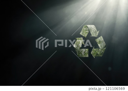 Eco icon: green recycle symbol displayed in nature inspired design on banner, copy space for highlighting sustainability initiatives, promoting eco conscious habits for greener future. 121106569