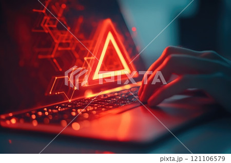 Security warning: text Scam highlighting dangers of fraud, online deception, phishing, cyber threats, emphasizing importance of digital protection against internet crimes, hacking, technology risks. 121106579